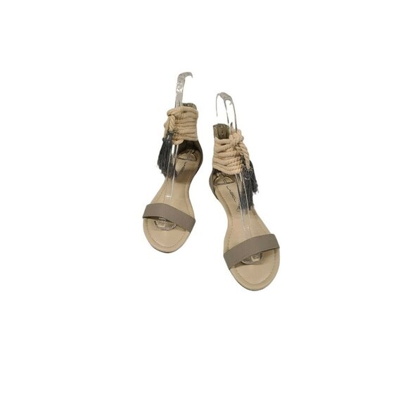C LABEL Rope Sandals Flat Open Toe Tassel Trim Gray And Off White Size 8 - Picture 1 of 11
